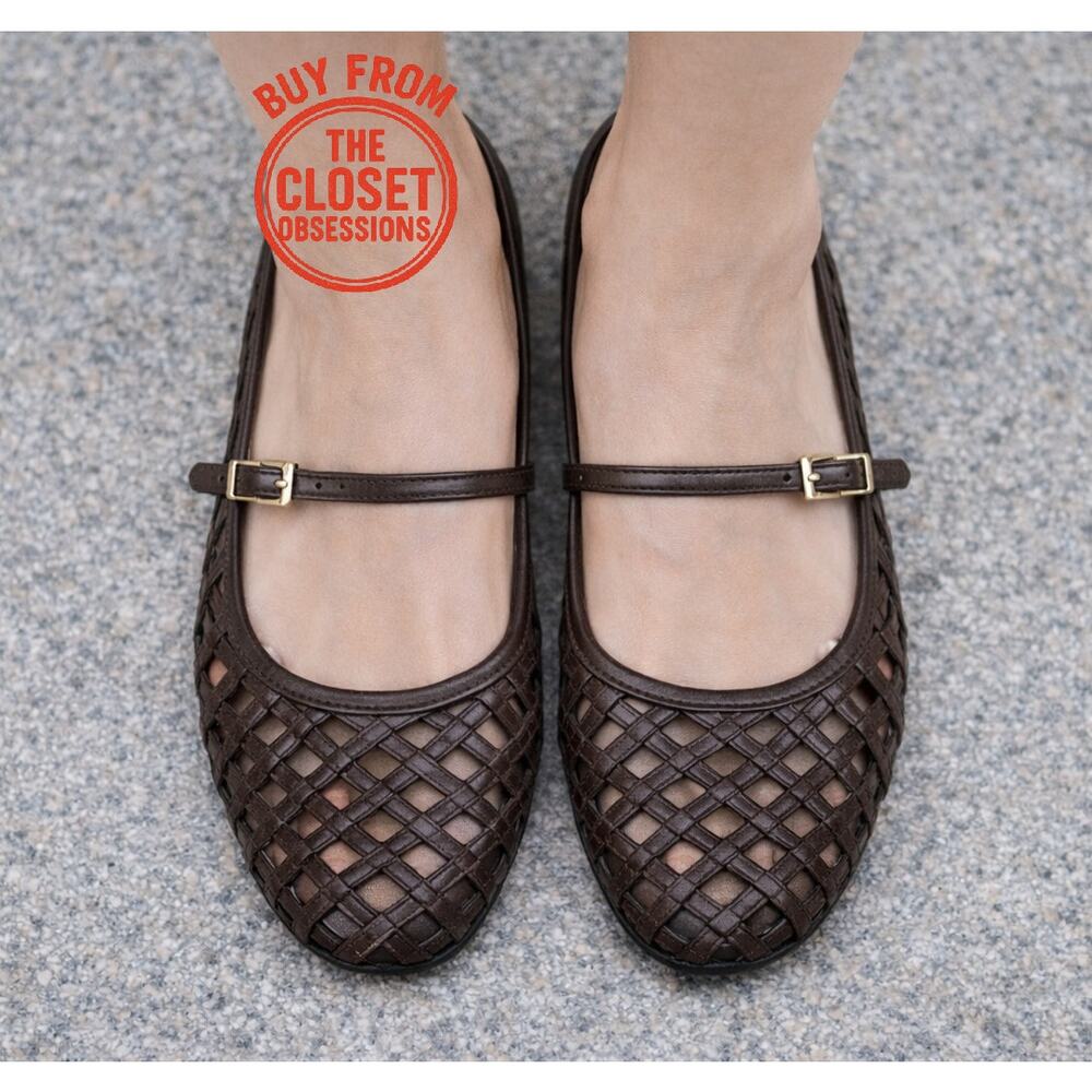 Zara Dark Brown Woven Mary Jane Flats - Picture 5 of 14